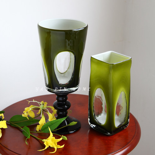 高级感中古花瓶vintage高脚橄榄绿窗口手工艺术花器客厅插花摆件