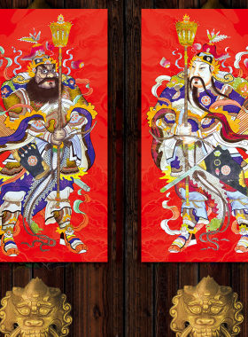 门神门贴2021新年春节过年复古风杨柳青手绘年画茶楼祠堂特大号