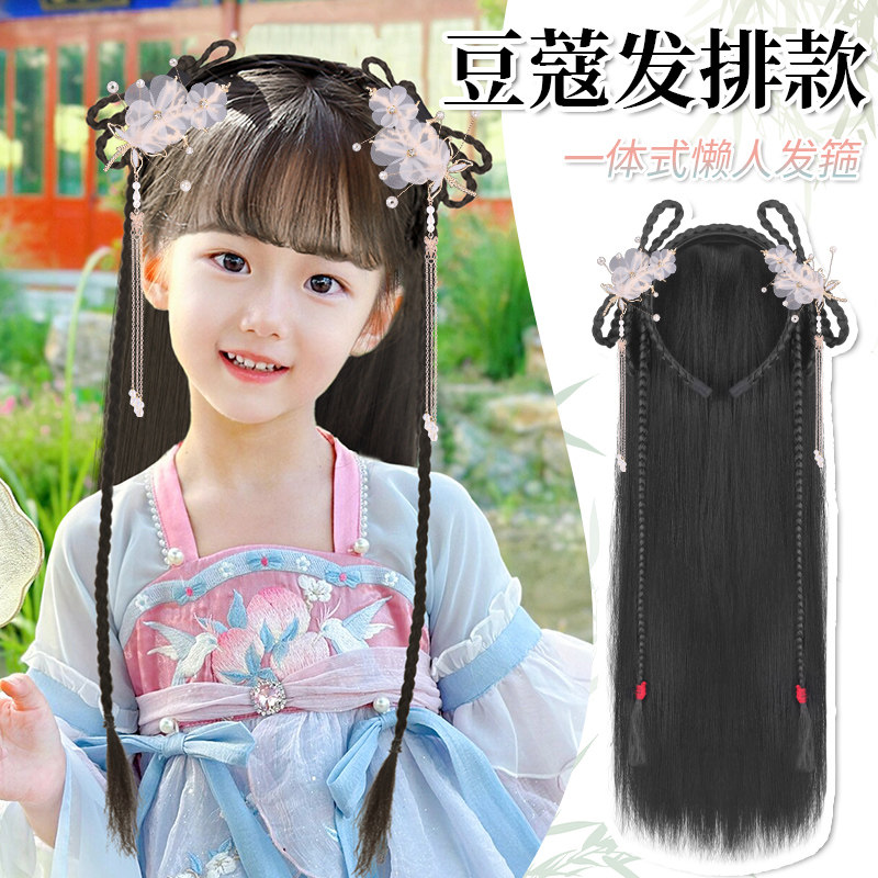 儿童汉服假发女童春古装一体式发箍古装长直发片头饰古风发饰发髻