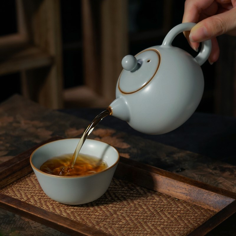汝窑西施壶茶壶套装景德镇陶瓷一壶一杯复古汝瓷家用茶具西子观月