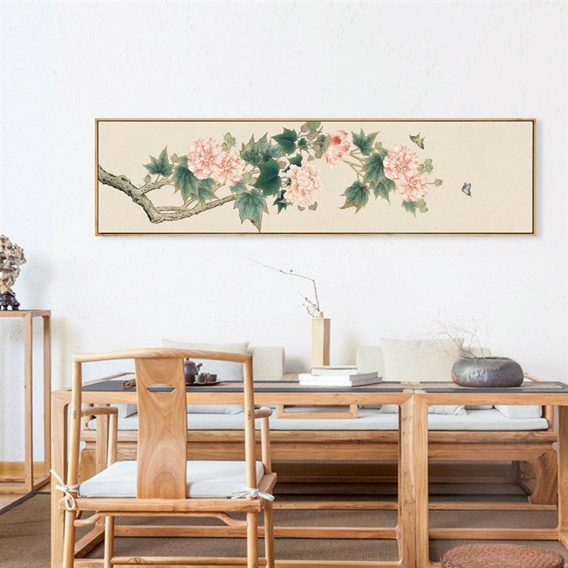 新中式工笔花鸟装饰画手绘芙蓉花客厅装饰画卧室床头背景长形挂画