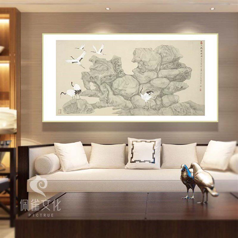 新中式装饰挂画六鹤祥瑞图横版喻慧有框客厅玄关背景墙油画布