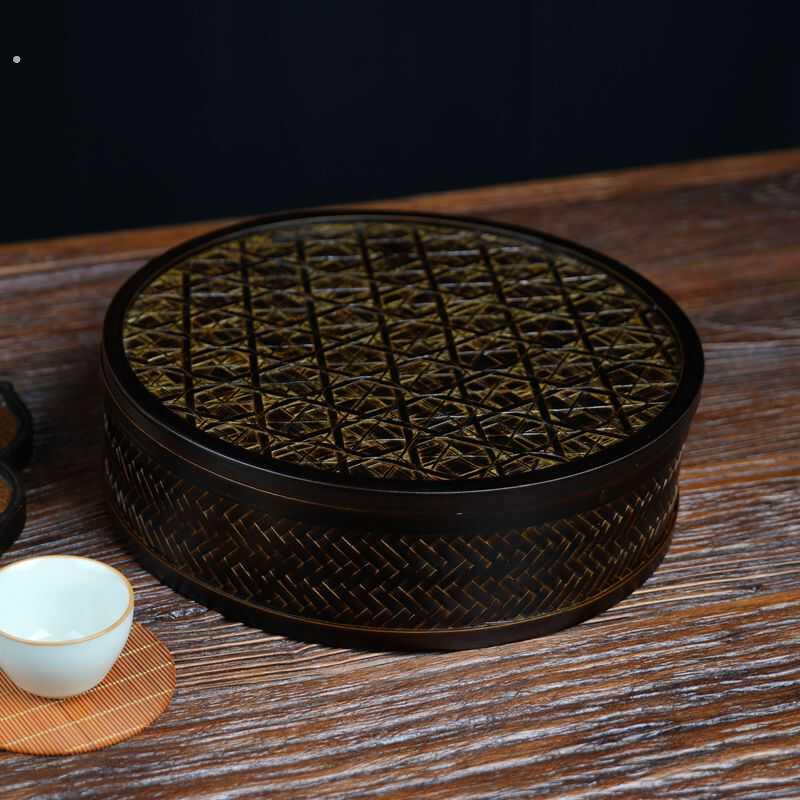竹编复古圆盒带盖茶道收纳盒 碳化 点心干果收纳盒便携带盖竹盒