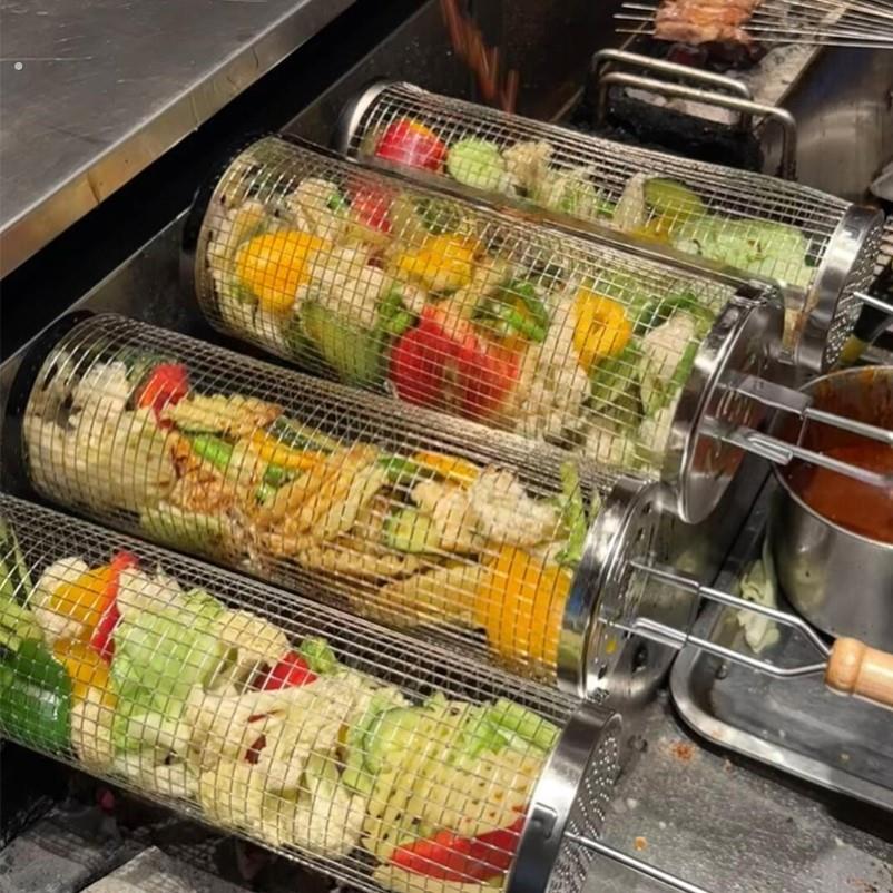 烧烤笼便携式不锈钢烧烤架网筐加厚户外露营摆摊滚筒烤菜蔬菜网架