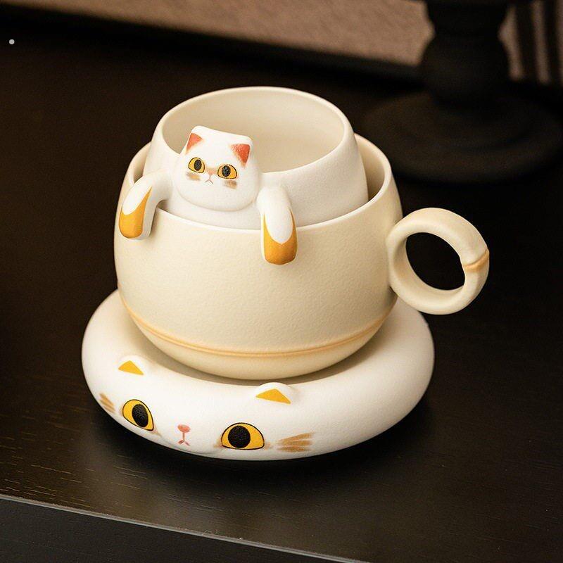 高级感趴趴黄猫马克杯带盖办公室泡茶杯茶水分离女士高颜值杯子