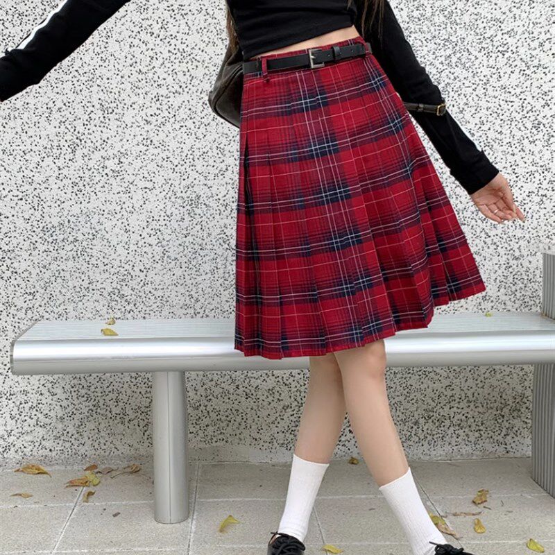 复古格子百褶半身裙女中长款春秋大码学院风jk半裙高腰格纹A字裙