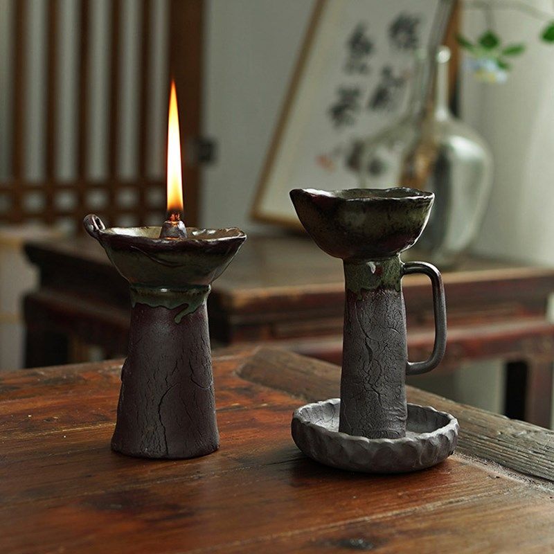 禅意煤油灯手工复古陶瓷酥油灯粗陶老岩泥怀旧摆件做旧仿古烛台