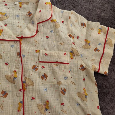 夏季可爱翻领甜美短袖短袖纯棉双层纱布睡衣家居服套装在逃公主