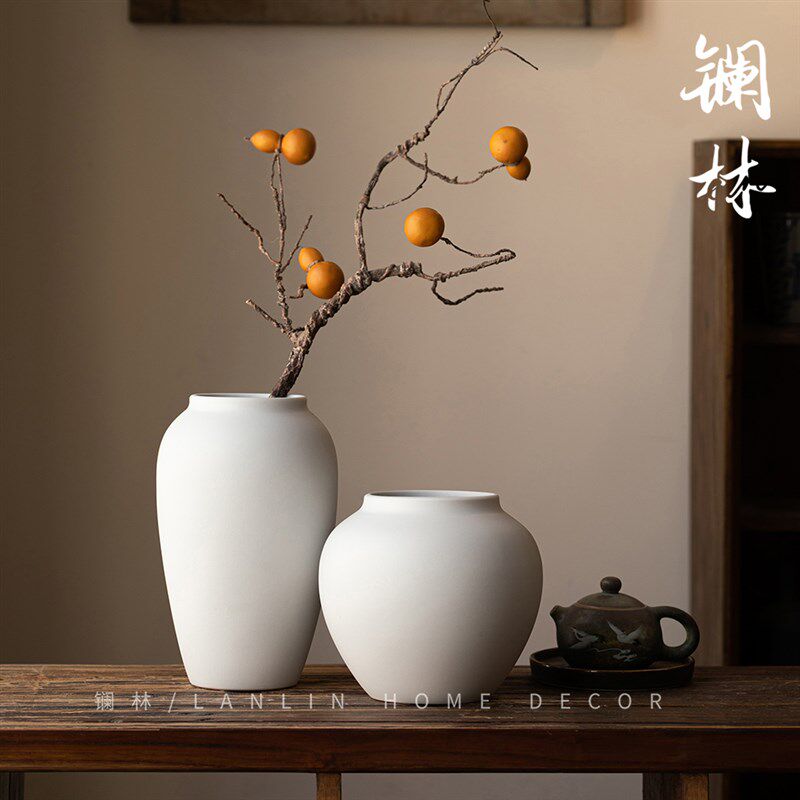 景德镇新中式复古陶瓷花瓶客厅插花白色简约装饰粗陶罐无螺纹白苏