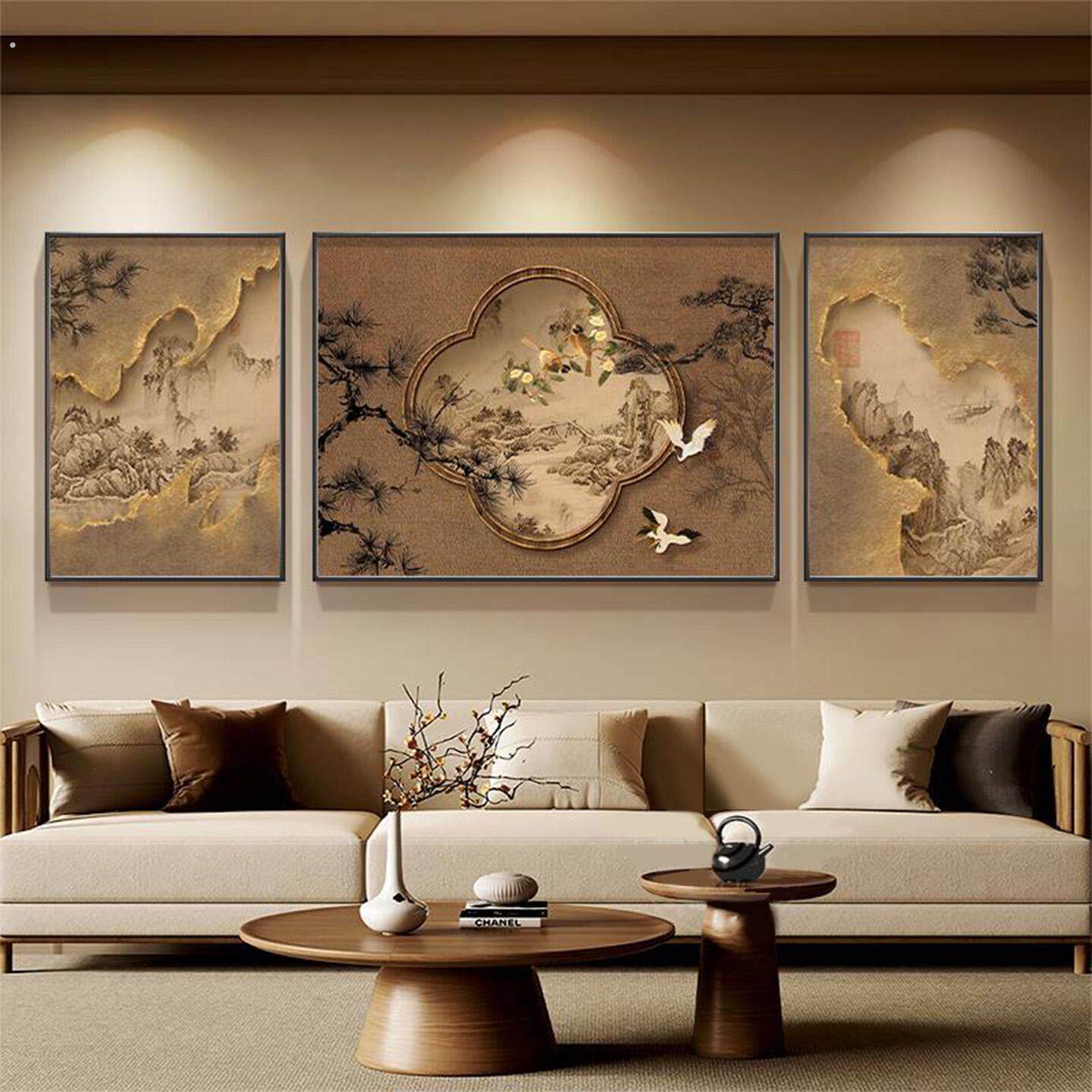 新中式客厅装饰画宋代美学高级感沙发背景墙挂画新款茶室组合壁画