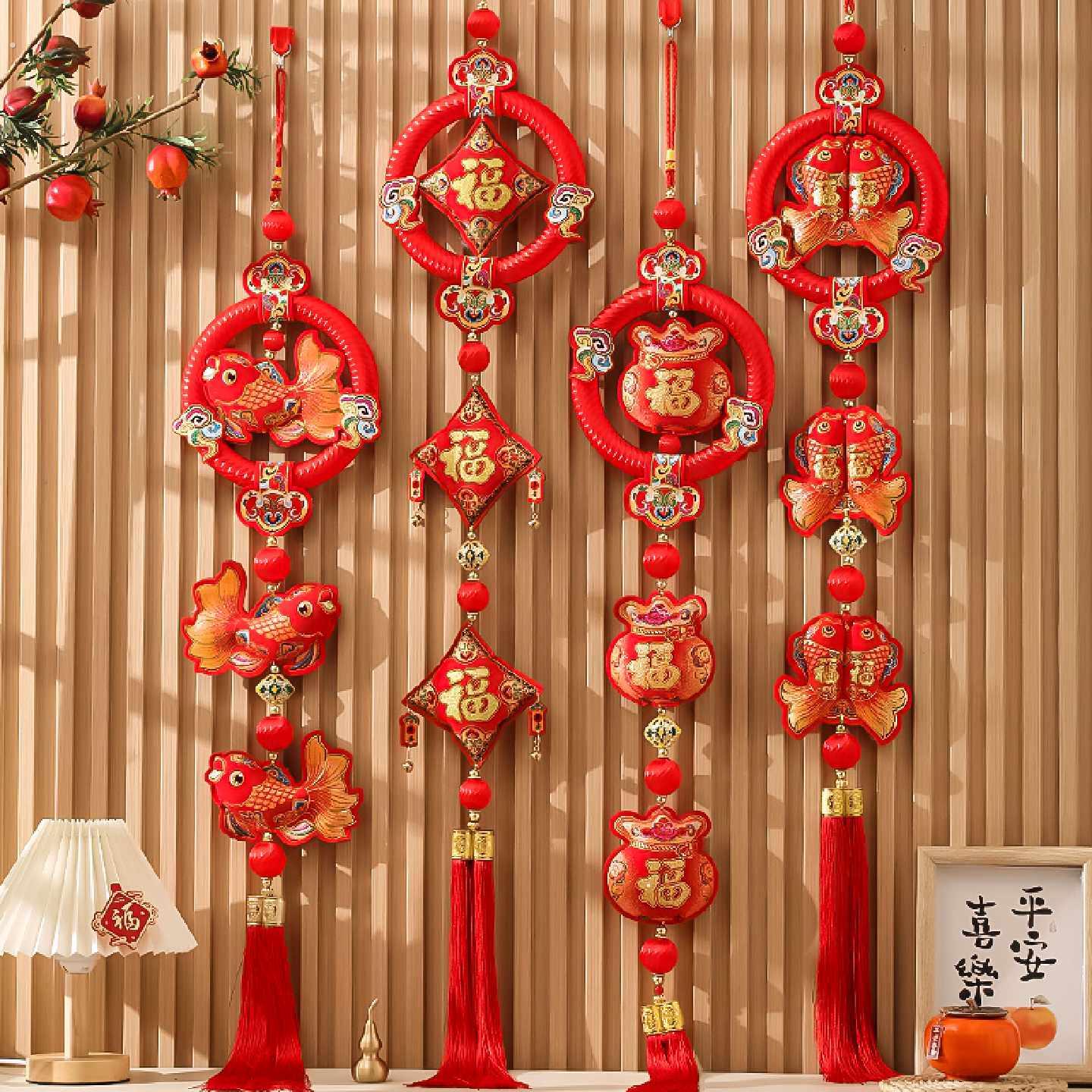 2026新年装饰布置用品挂件马年春节过年福字入户门丝圈三联串挂饰