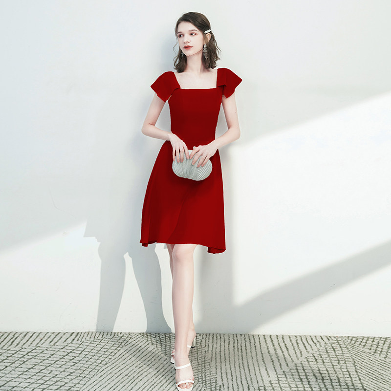 敬酒服新娘酒红色连衣裙夏季平时可穿订婚婚礼结婚小个子晚礼服女