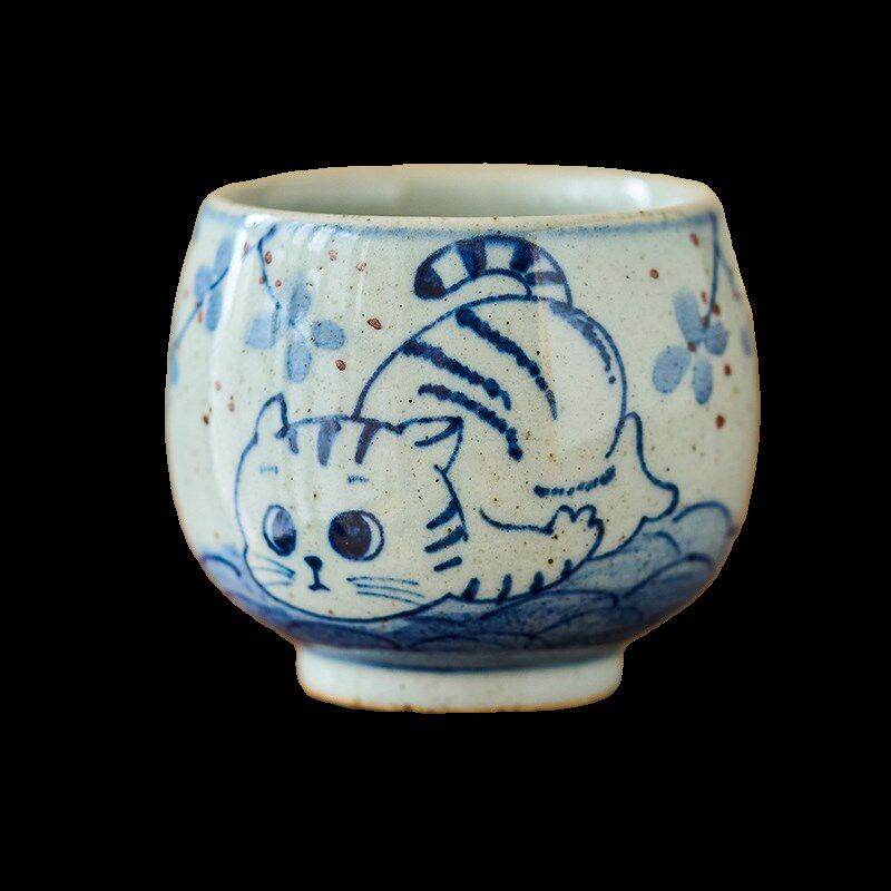 景德镇陶瓷手绘青花可爱猫咪主人杯单杯复古粗陶品茗杯小圆杯茶杯