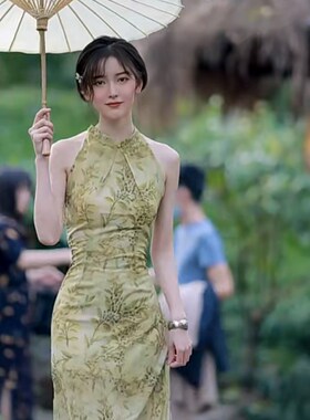 橘里丨绿色清冷旗袍裙女年轻款仙女中国风削肩修身改良雪纺连衣裙