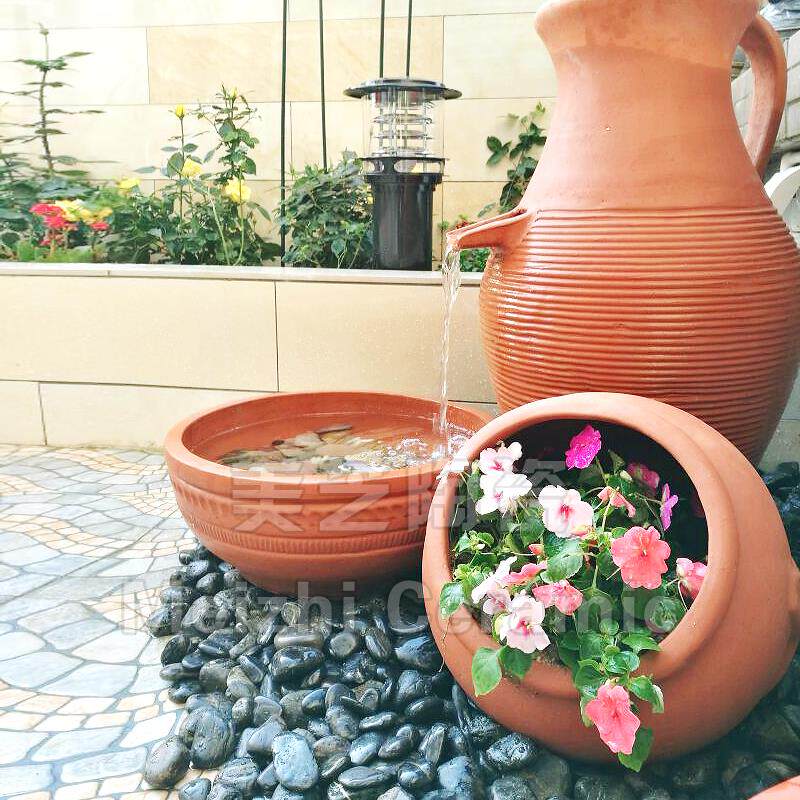 户外花园鱼池喷泉陶罐流水花盆红陶花坛带嘴花瓶栽花钵景观喷水缸