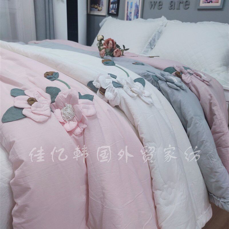 韩式纯棉柔软手工立体盘花菲边绗缝可机洗双人空调被春秋被盖被