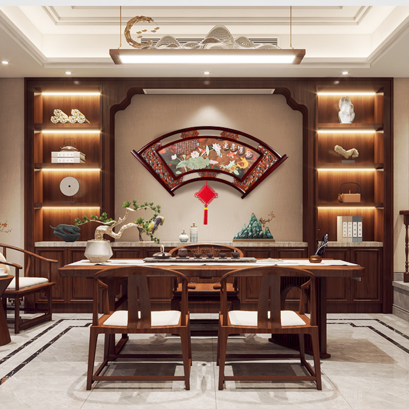 中式餐厅墙面扇形装饰画3d立体玉雕壁画中国风客厅沙发背景墙挂画