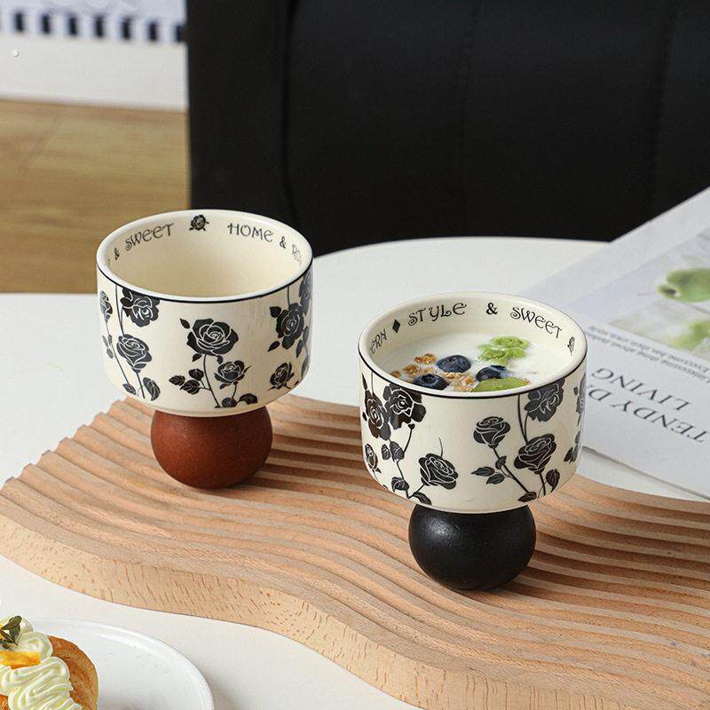 赫本黑玫瑰甜品杯高颜值陶瓷杯复古高脚杯冰淇淋杯家用蜡烛杯烛台