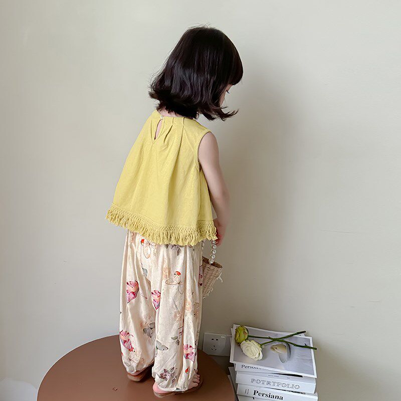 女童背心夏季薄款儿童吊带2024新款夏装洋气女孩流苏款无袖T恤衫