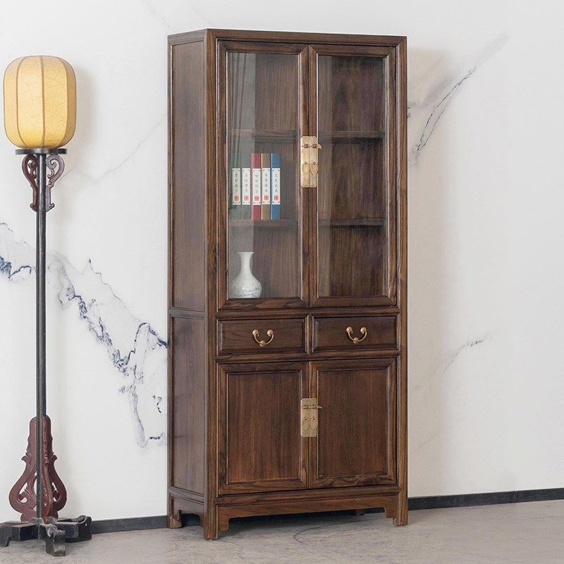 新中式家具北榆木书柜玻璃家用储物柜仿古实木酒柜书橱胡桃色定制