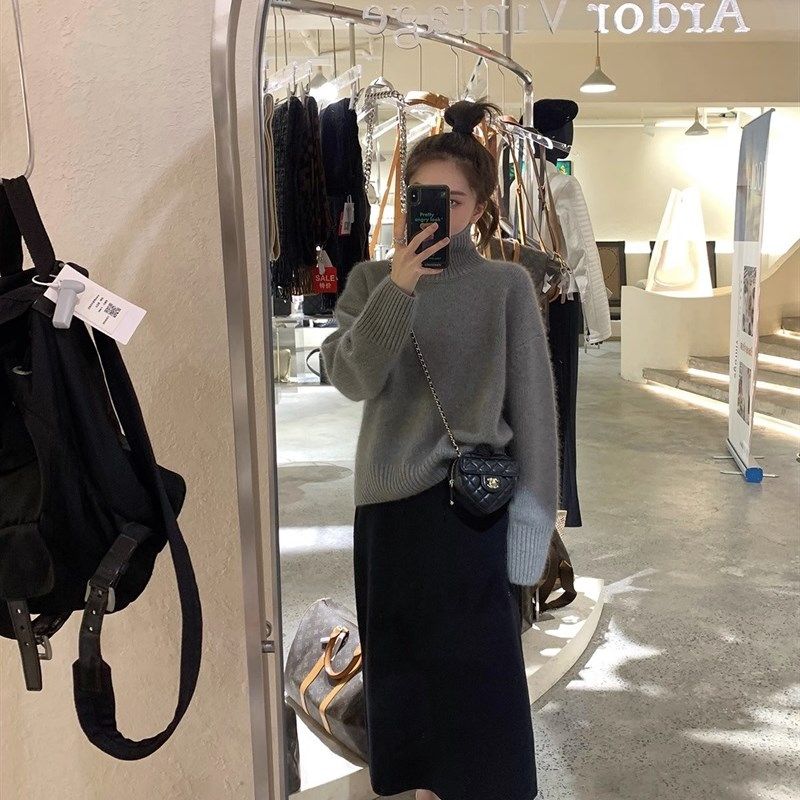 针织半身裙秋冬女中长版包臀显瘦一步裙高腰毛线宽松加厚直筒裙子