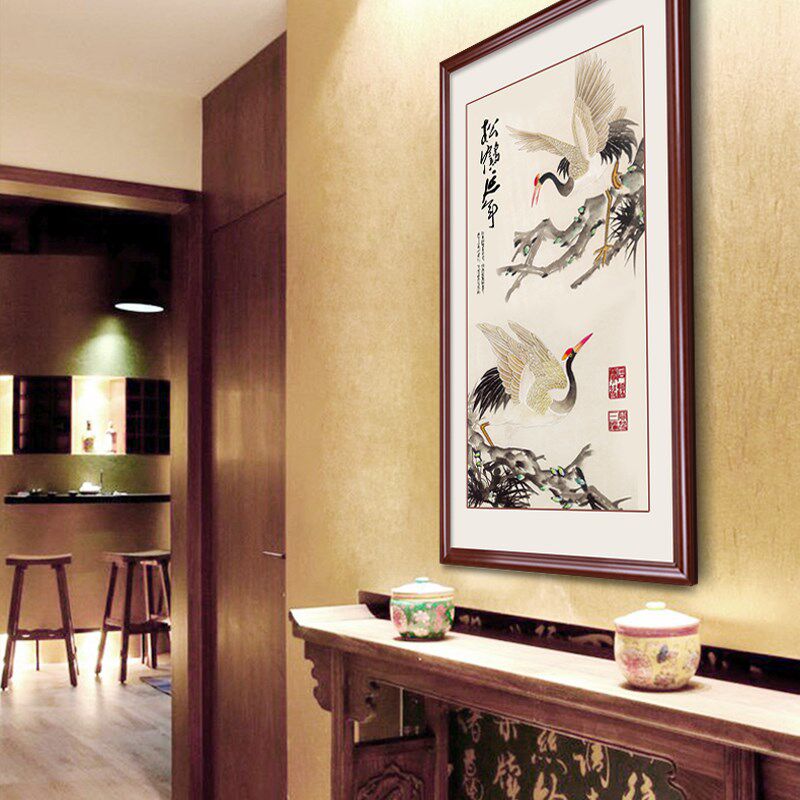 松鹤延年挂画中式玄关装饰画竖幅走廊过道壁画书房画实木有框国画