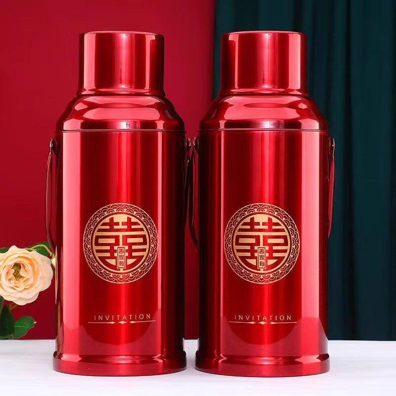 结婚用品陪嫁热水瓶一对结婚不锈钢暖壶红色茶瓶结婚嫁妆用保温瓶