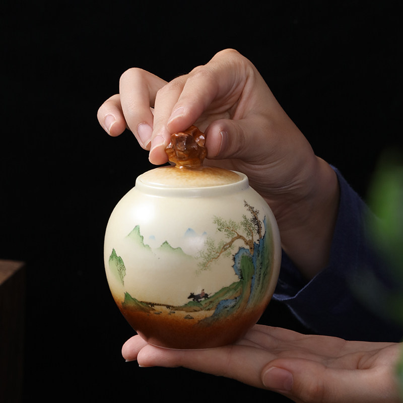 凌胜田园风茶叶罐 陶瓷密封罐子小号家用茶仓便携普洱茶具小茶罐