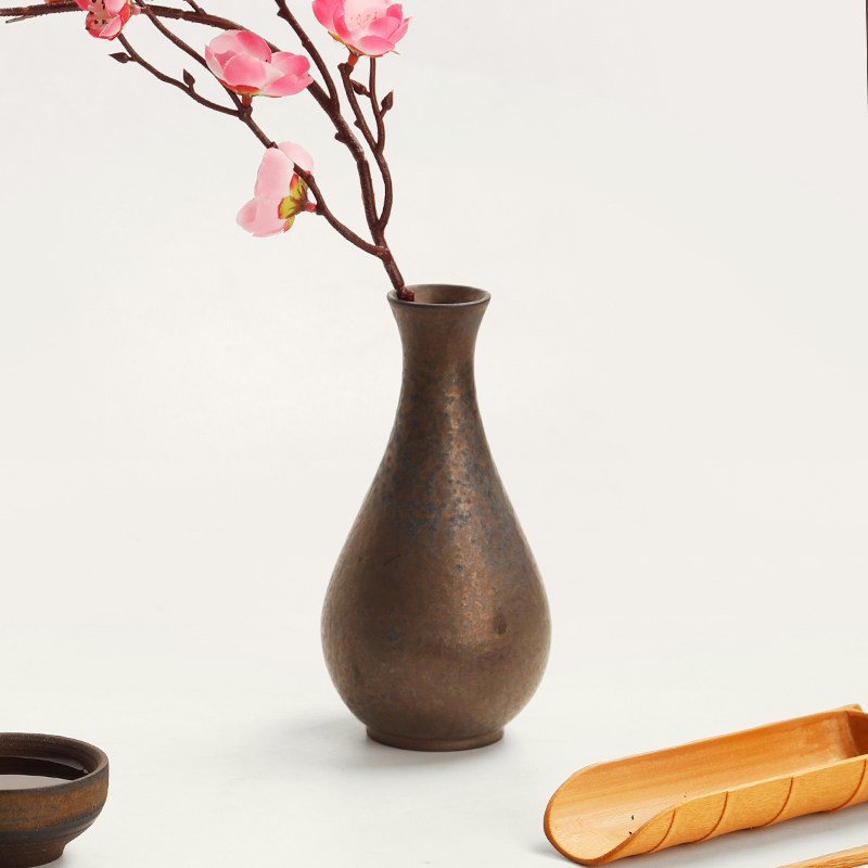 复古中式禅意花瓶鎏金釉迷你小花器插花茶室摆件干燥花客厅家居装