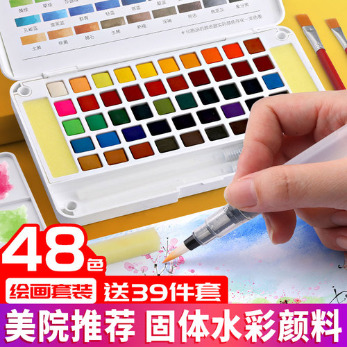 固体水彩颜料套装24色36色48色水彩颜料专业美术便携塑料盒装初学