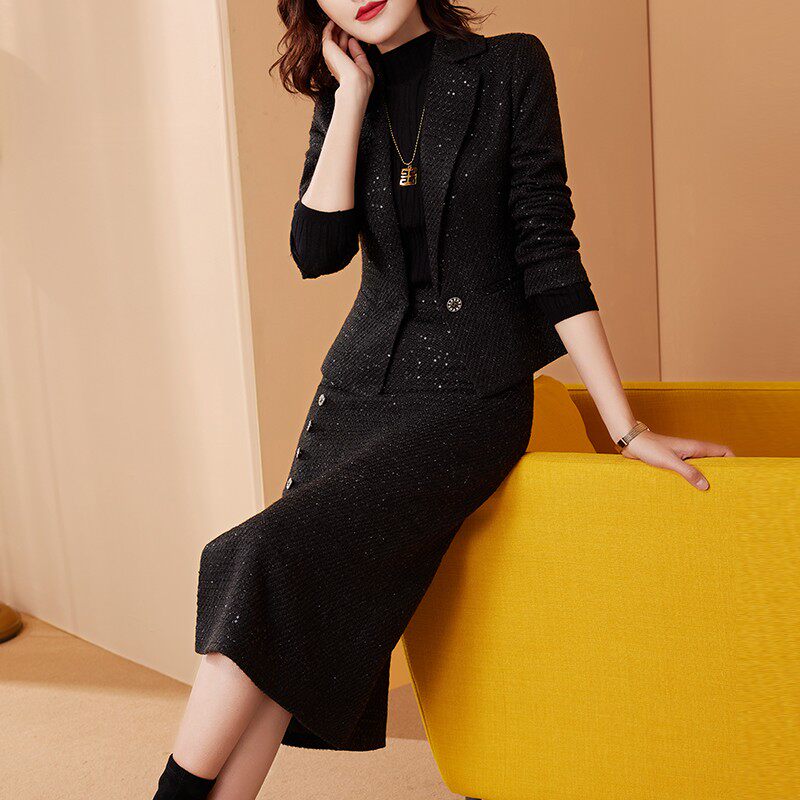 美妃雅2021新款秋冬时尚西装短外套气质显瘦套装裙女半身裙两件套