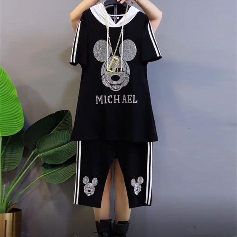 夏季新款胖m大码女装连帽卡通上衣百搭短袖T恤七分休闲裤子两件套