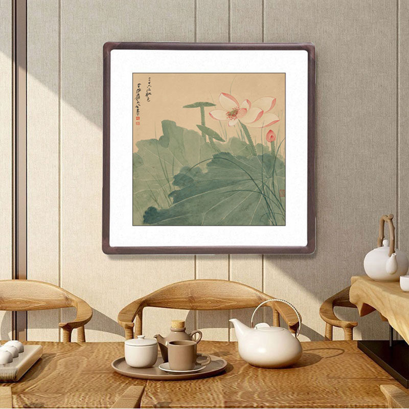 张大千荷花新中式客厅装饰画办公室花鸟挂画玄关过道斗方带框字画
