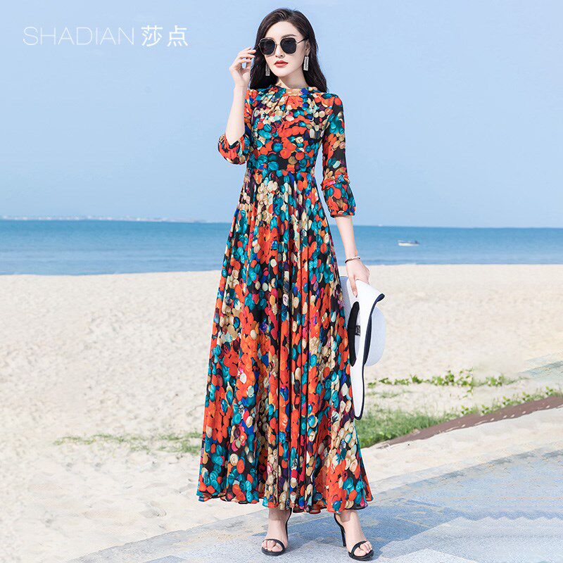 2025新款夏季波点连衣裙女波西米亚裙子海边度假长裙脚踝雪纺大摆