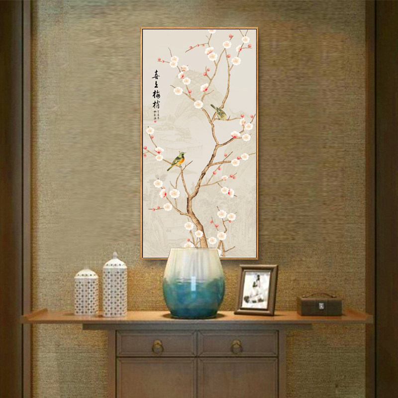 新中式玄关装饰画竖版花鸟工笔挂画中国风壁画客厅走廊楼梯有框画