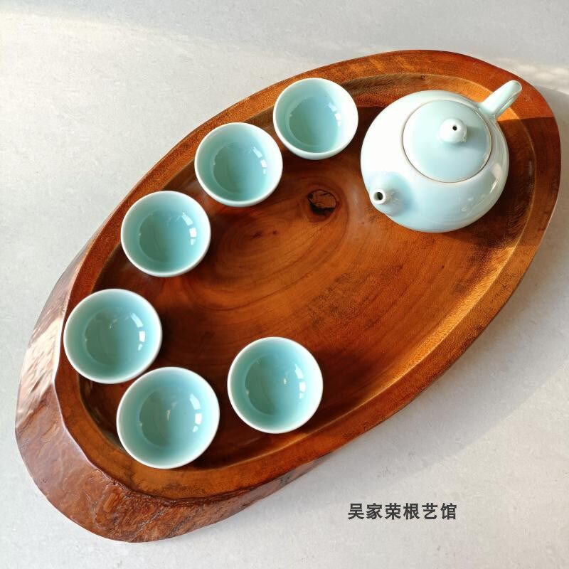 香樟木整块实木茶具托盘 功夫茶配件 天然树皮圆形 七头茶具托盘