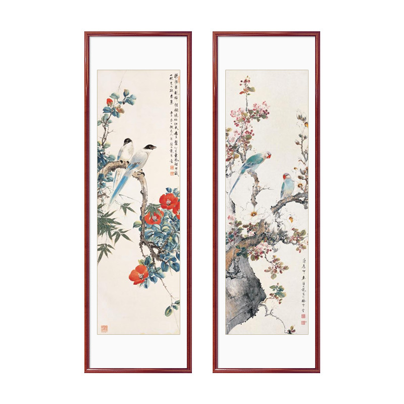颜伯龙花鸟图实木框装饰画 新中式风格玄关客厅长条挂画