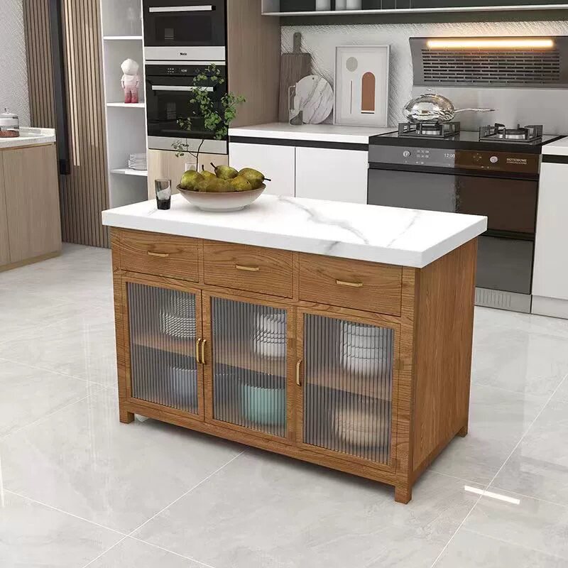 简约现代风大理石厨房中茶水岛操作台台移动可餐玻璃料理台柜柜边