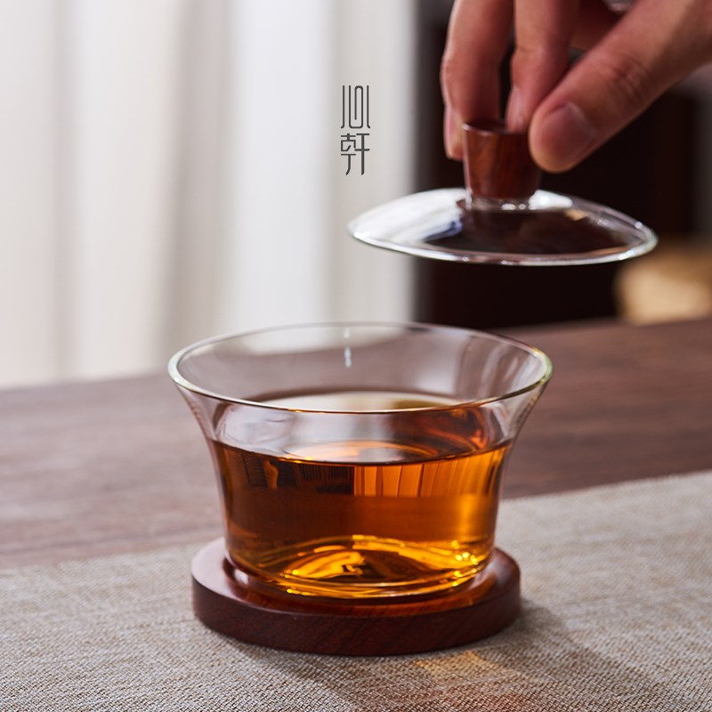新羽手工功夫茶具花梨木防烫耐高温玻璃泡茶盖碗茶杯家用三才茶碗