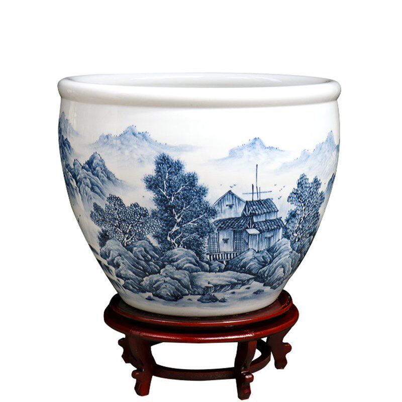 青花瓷吴国军景德镇陶瓷鱼缸锦鲤手绘瓷器书画缸新中式家居摆
