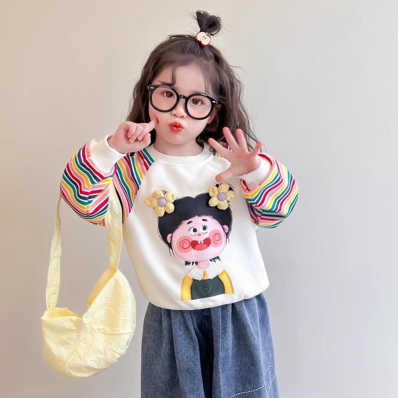 女童卫衣春秋款薄款2025新款春季条纹上衣可爱女孩宝宝春装打底衫
