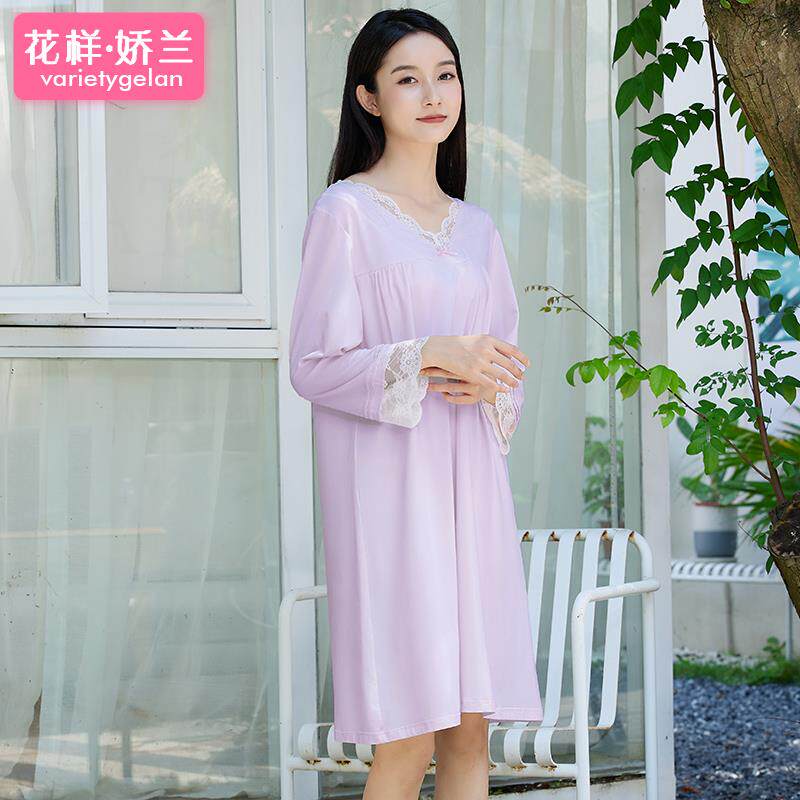 新款红色睡裙女本命年长袖性感蕾丝甜美竹纤维居服秋冬薄款女士裙