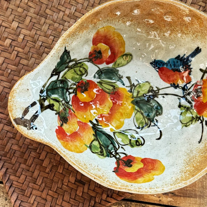 景德镇手作双耳粗陶碗手工陶瓷餐具花鸟复古碗面碗家用碗手绘