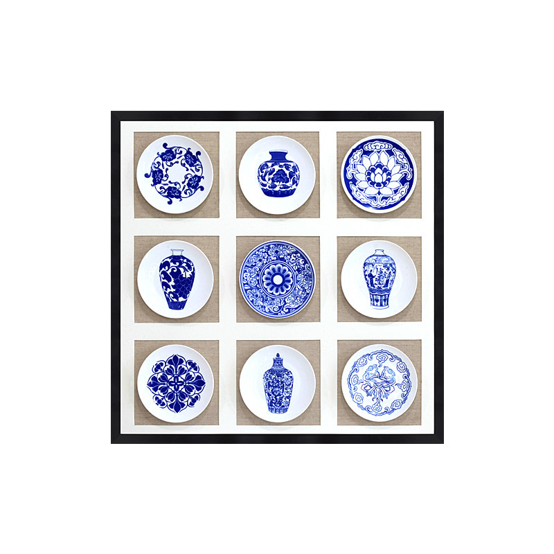 新中式客厅装饰画禅意风景走廊过道挂画玄关样板间壁画青花瓷盘子