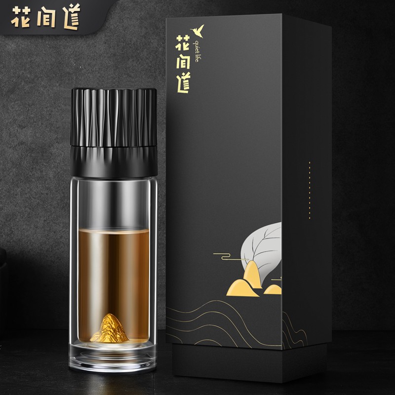 花间道茶水分离泡茶杯双层玻璃杯男士水晶商务过滤高档银茶水杯