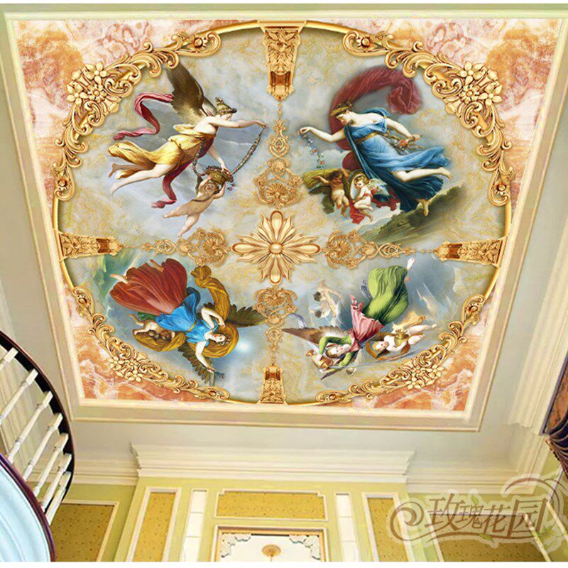客厅天花板自粘壁画欧式花纹高档吊顶屋顶棚顶墙纸3d立体防水墙贴