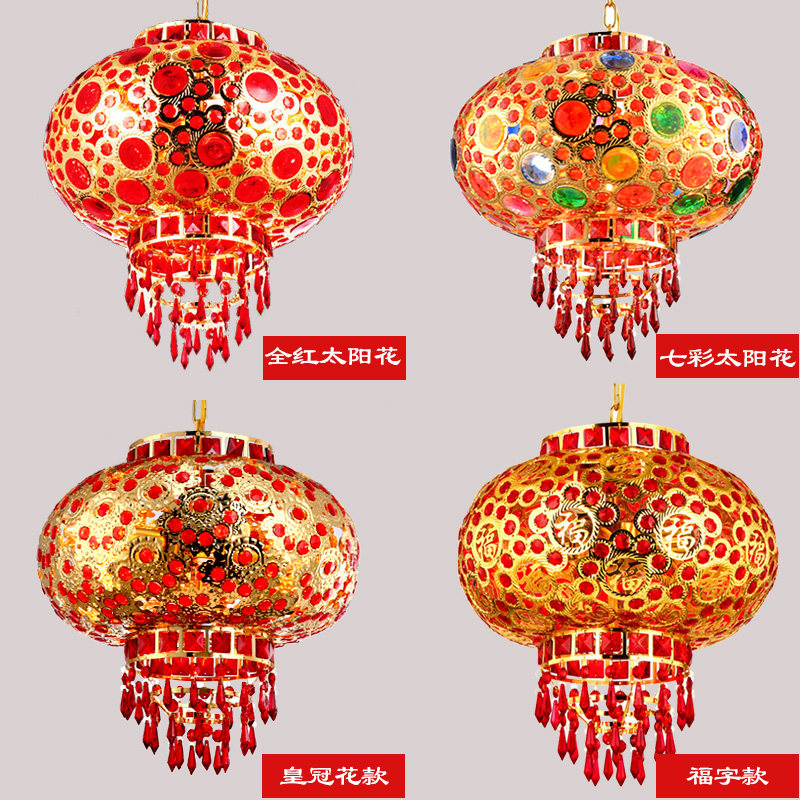 大红喜庆春节乔迁福字水晶LED旋转灯笼铁艺阳台灯笼灯新中式吊灯