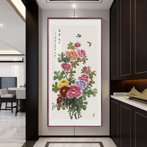 牡丹花挂画玄关装饰画新中式入户门走廊过道壁画花开富贵花鸟壁画