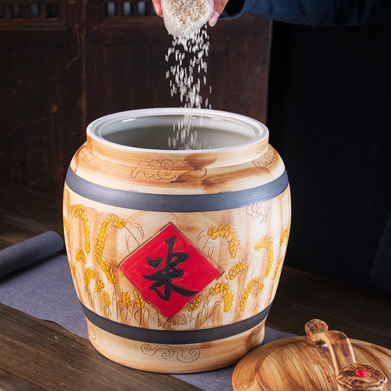 景德镇陶瓷米缸油缸面粉桶10斤20/30/50带盖家用密封存茶叶储物罐