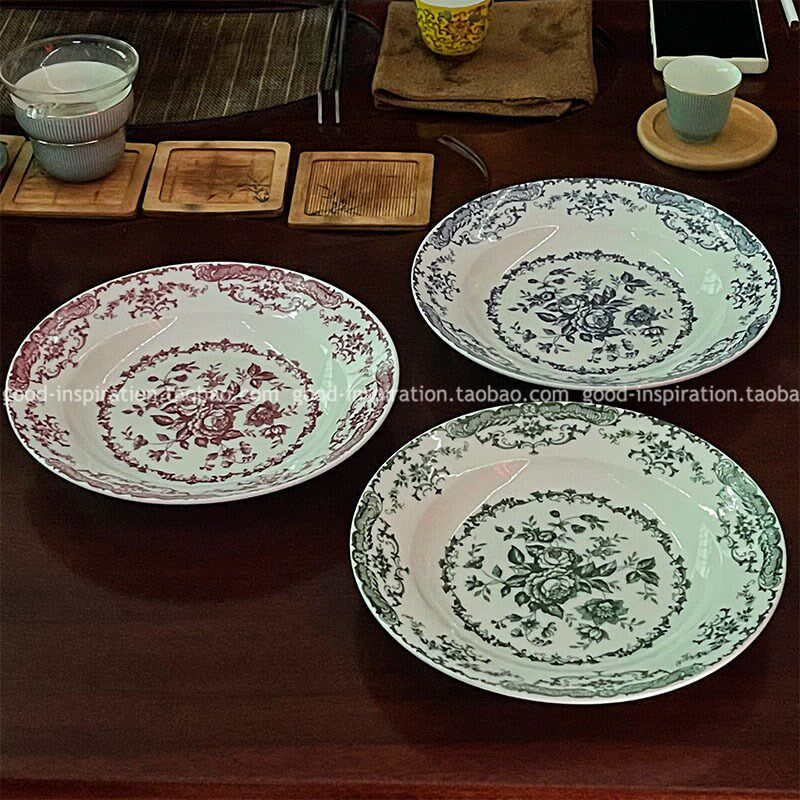 法式中古风玫瑰花园陶瓷餐盘 深盘汤盘西甜品蛋糕家用复古意面盘